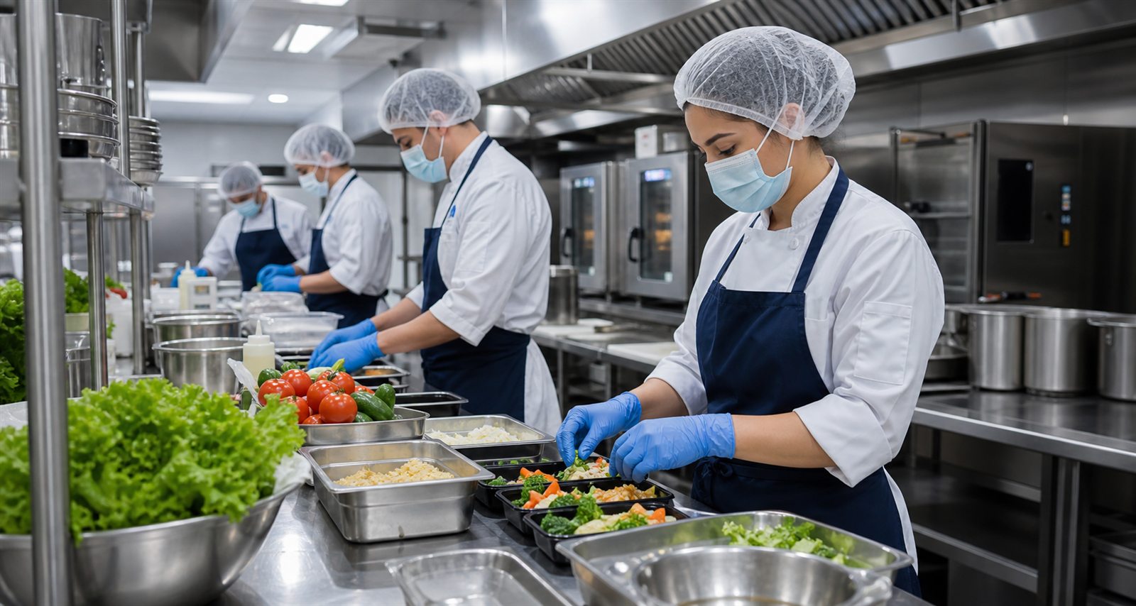 Cocina industrial con personal preparando alimentos