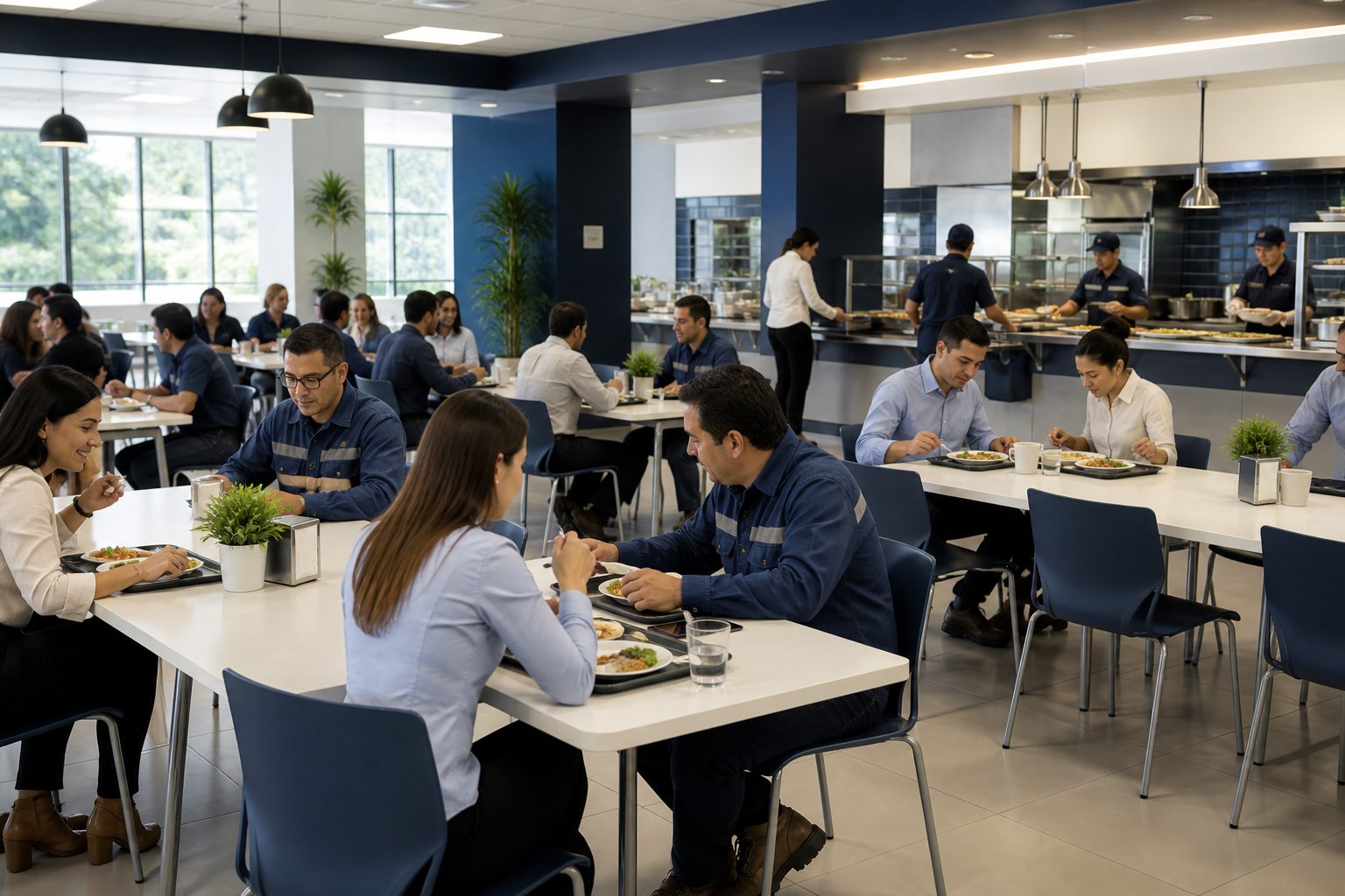 Comedor industrial moderno con empleados durante el servicio