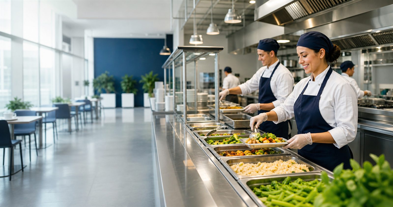 Personal profesional sirviendo alimentos en comedor industrial